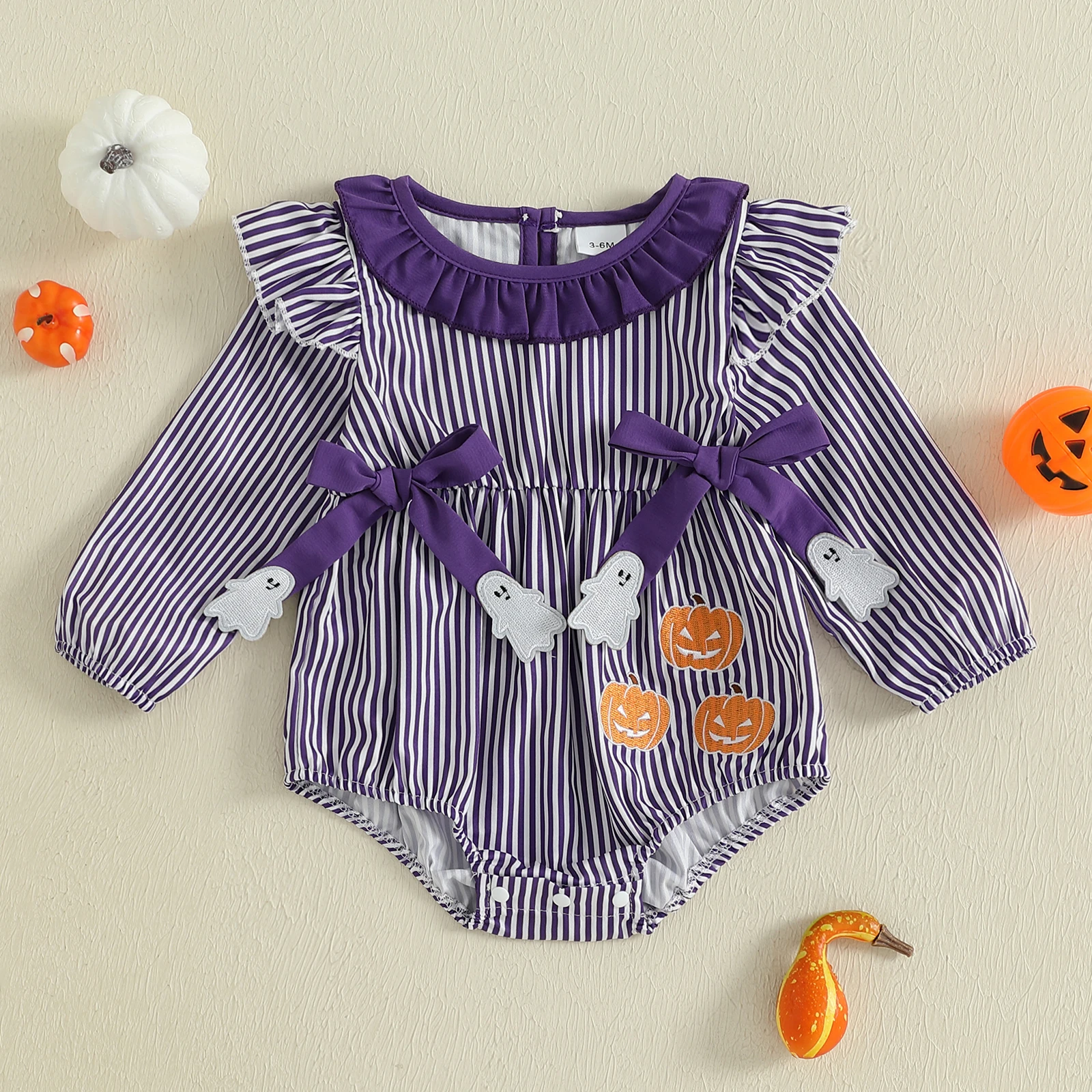 

VISgogo 0-18 Months Baby Girl Halloween Bodysuit Long Sleeve Bow Front Stripes Print Romper Newborn Fall Playsuit