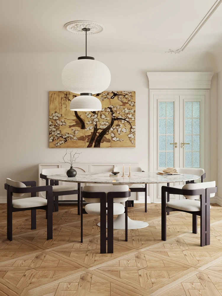 

Tulip oval dining table, medieval French retro style, light luxury marble dining table
