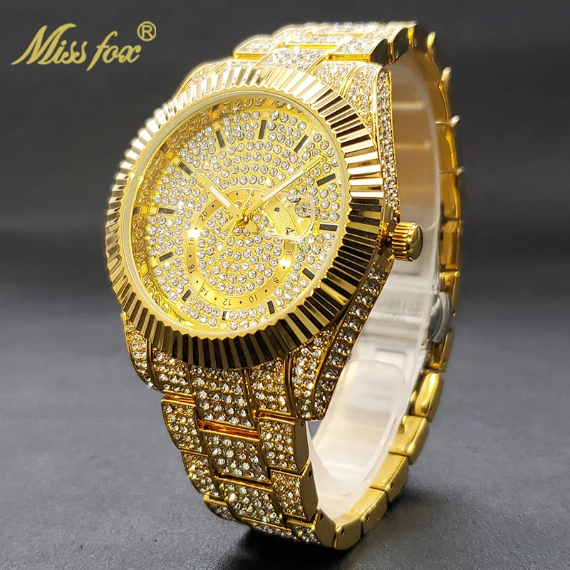 

Large Dial Watch Men Gold Luxury Diamond Premium Watch Man Hip Hop Stylish Calendar Water Resistant Hand Clock Male High Quality