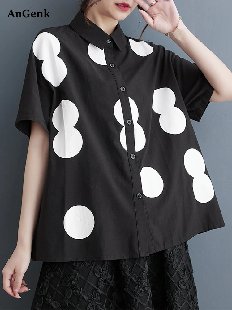 

2025 Summer New Black Vintage Oversized Polka Dot Print Shirt Women Lapel Short Sleeve Loose Casual Blouse Top Fashion Clothing