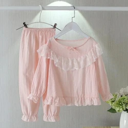 Spring Thin Girl Pajamas Two-Piece Set Cotton Linen Children's Pajamas Suit Casual Pajamas Home Baby Long-Sleeved Trousers