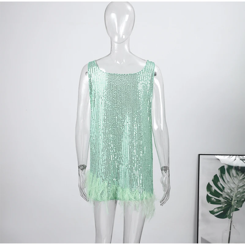 Feather Patchwork Sequin Evening Women Dress Loose Sleeveless A-line Loose Mini Vestidos 2026 Summer Party Street Lady Dresses