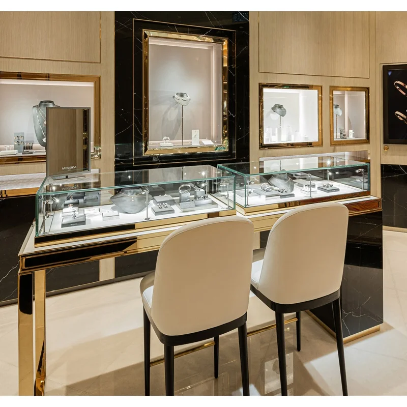 Custom, High-end Jewelry Display Counter Modern Display Stainless Steel Gold Jewelry Showcase