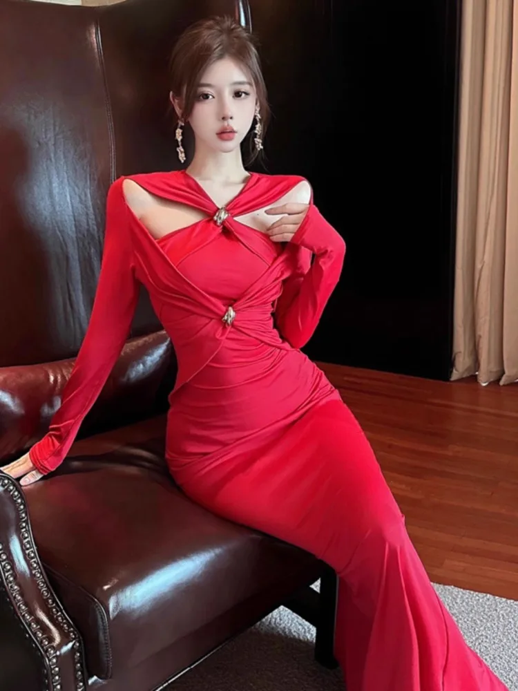 Topenomi Sexy Cross Hollow Out abito da sera rosso donna elegante vita alta Slim Split manica lunga Cocktail Party Vestidos Robe