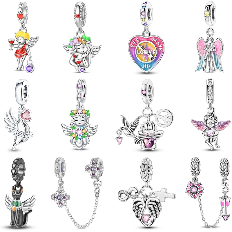 100% 925 Sterling Silver Cupid Angel Wings Arrow Red Wine Sweet Charms Beads Pendants Fit 3mm Bracelets DIY Fine Jewelry Making