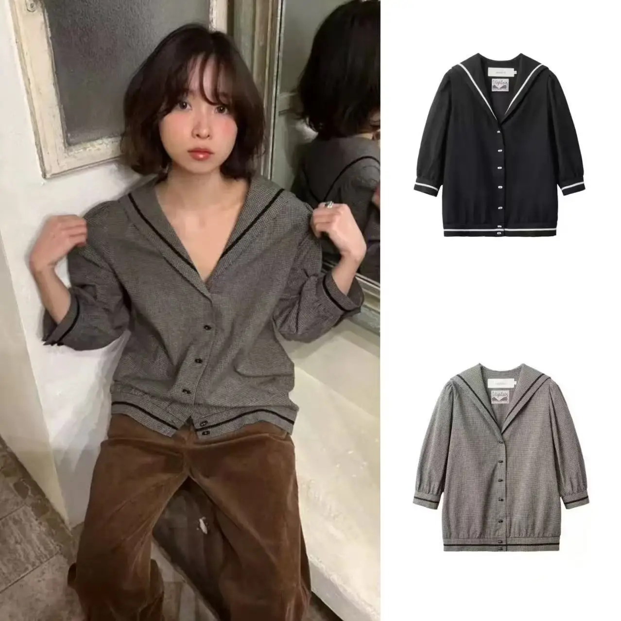 

Loose Sailor Collar irt Vintage Sle Single Button mid Sve Naval Collar College Sle Women's Faion Summer Spring Autumn