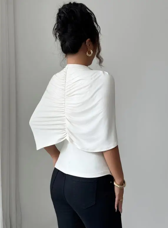 

Elegant High-End Solid Color Shawl Short Sleeved 2025 Women's T-Shirt Summer New Fashionable and Personalized Waist Cinching Top