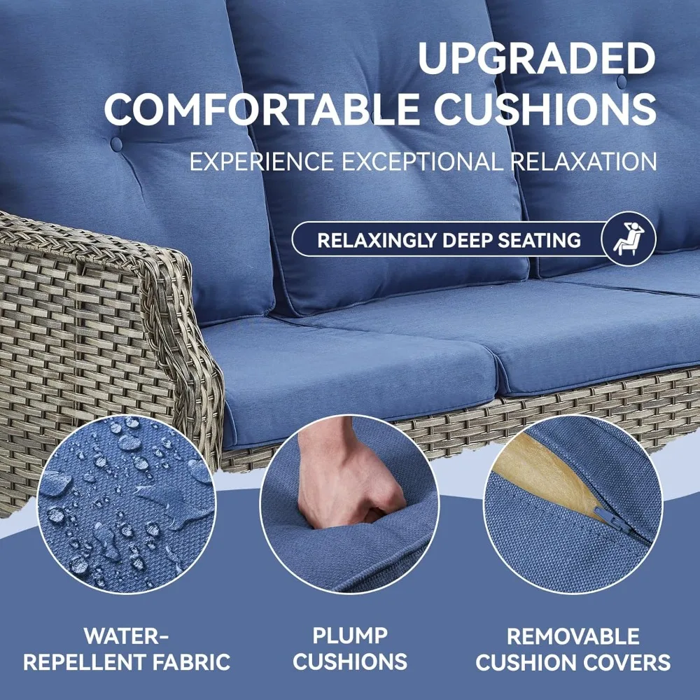 فناء أريكة الأريكة في الهواء الطلق أريكة الخوص PE الروطان 3-مقعد الأريكة مع منحني Armest وسائد مقاومة للماء لشرفة الحديقة #3