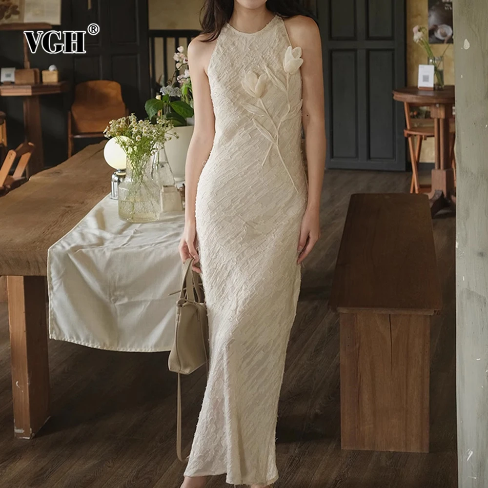 

VGH Solid Elegant Spliced Appliques Slimming Dresses for Women Round Neck Sleeveless High Waist Temperament Dress Female Style