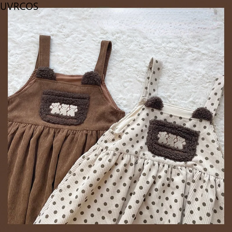 Japanese Korean Style Girls Corduroy Party Jsk Dress Autumn Winter Women Bear Embroidery Loose Sweet Lolita Strap Dresses Kawaii