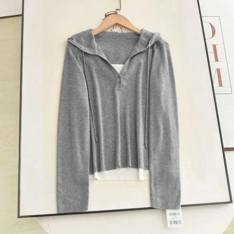 

Poetry Series Autumn 2025 New Color Blo Hoodie Long Sve Overhead Knitted Sweater Top Fake Two-Piece Design Regular Fit