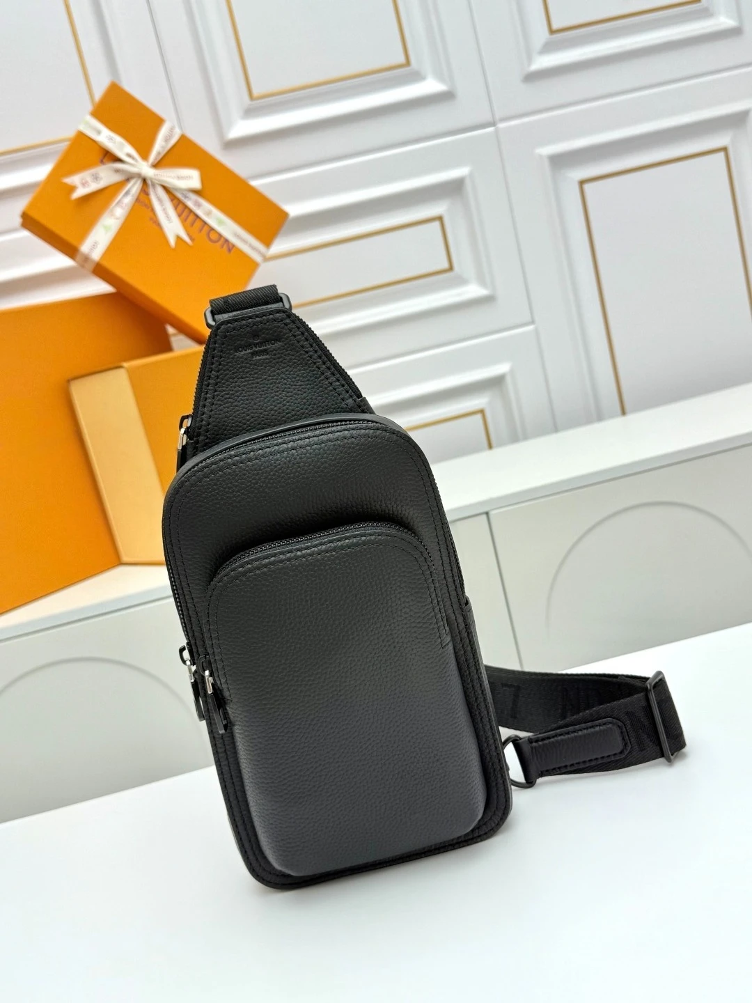 

Monogram Black Crossbody Bag for Men, Luxury Genuine Leather Sling Bag, Unisex Casual Daypack, Stylish & Versatile