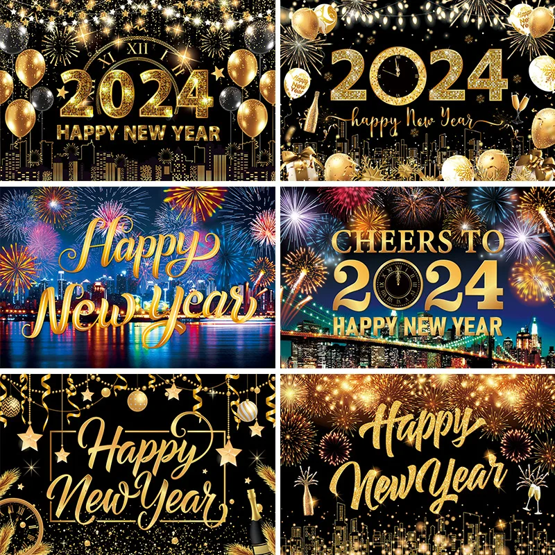 New Year Backdrop Firework Champagne Balloons Patterns Black Gold Theme Winter Family Kids Portrait Party Decor Photo Background