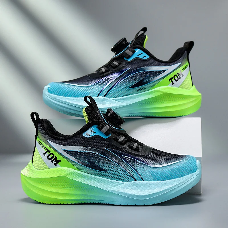 A pair of youth rotary buckle gradient mesh running sneakers, lightweight shock absorbing training shoes JY-7033