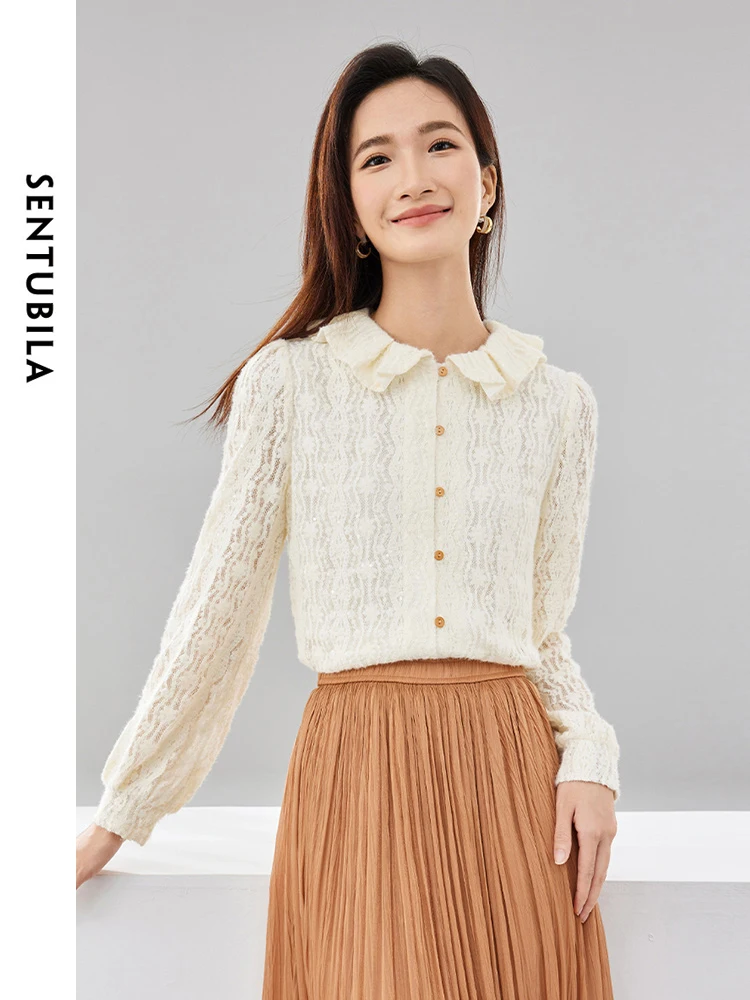 SENTUBILA Ruffled Sequins Lace Shirts for Women 2024 Spring Autumn Elegant Tops Comfortable Button Up Shirts Blouses 141S52756