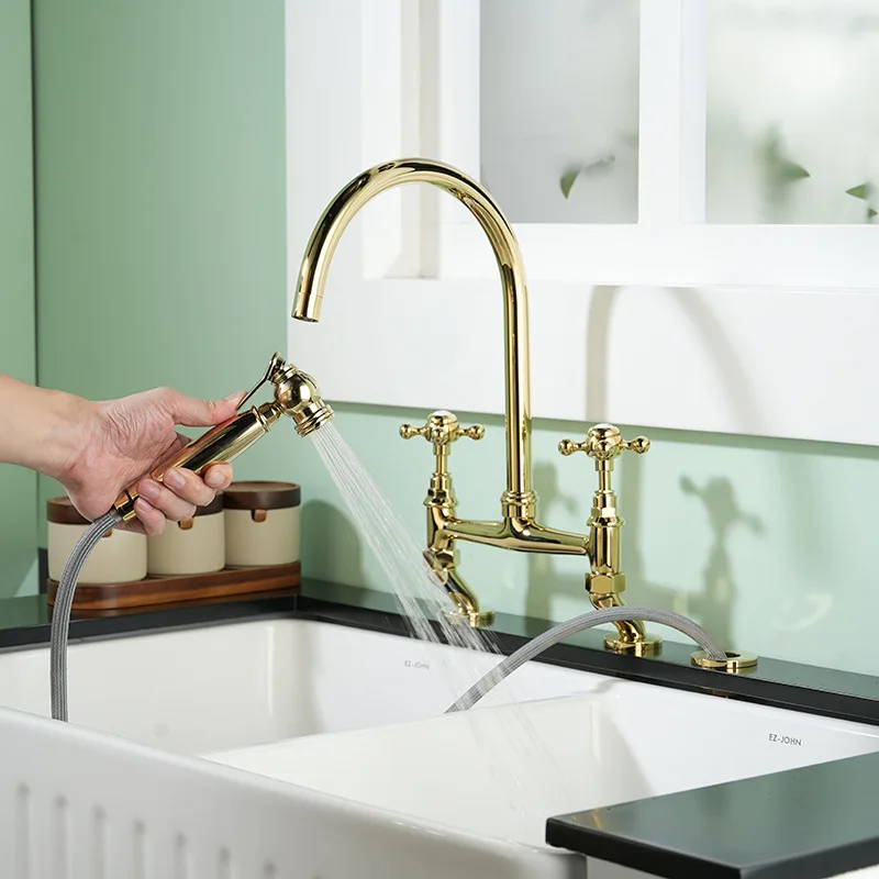 

French Vintage Bridge Kitchen Faucet Full Copper Dual Hole Rotatable Sink Tap with Spray Gun Ceramic Handle