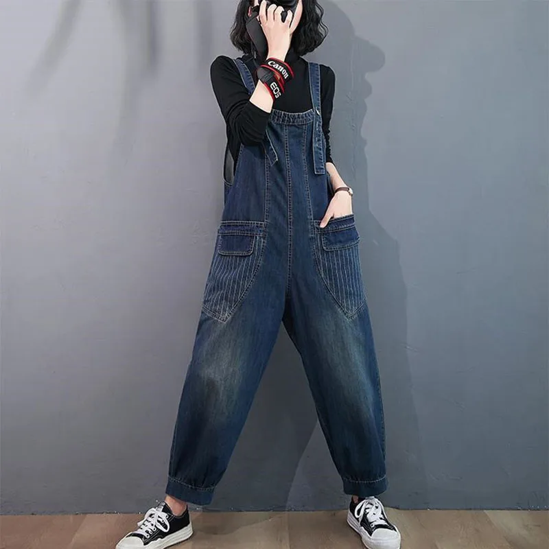 New Women Korean Denim Jumpsuits Loose Wide Leg Cargo Denim Suspenders Big Size Pockets Female Casual Overalls Straps Rompers