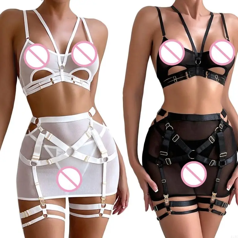 

Women Sexy Strappy Lingerie Suspender Lingerie Set with Thigh Cuffs Garter Belt