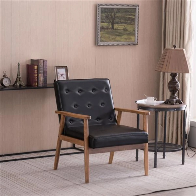 Armchair Furniture Wood Armrest for Living Room Vintage Single Sofa Black PU (64 x 59 x 71 cm)