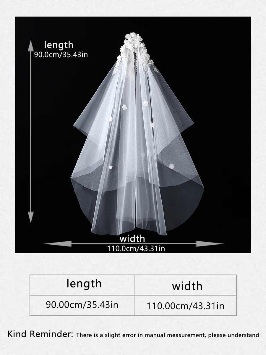 elegant white bridal veil adorned with floral decorations, suitable for waist length women's weddings