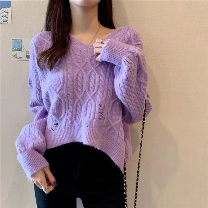 

Винтажный укороченный свитер, пуловеры для женщин, осень-зима, новый вязаный пуловер с v-образным вырезом и v-образным вырезом, свободные верности, повседневные джемперы