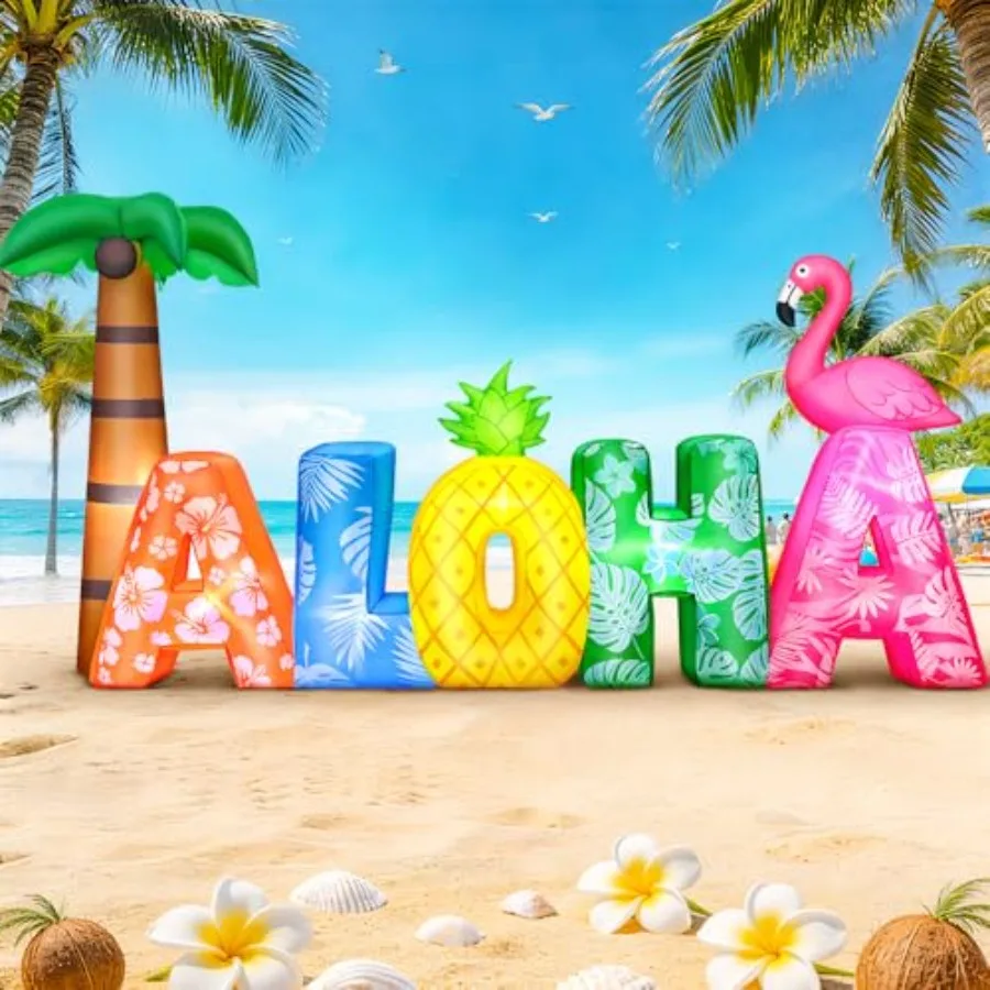 

Outdoor luau party decorations: 8.7FT inflatable Aloha arch with flamingo and pineapple, built-in LED lights, PVC material, tro