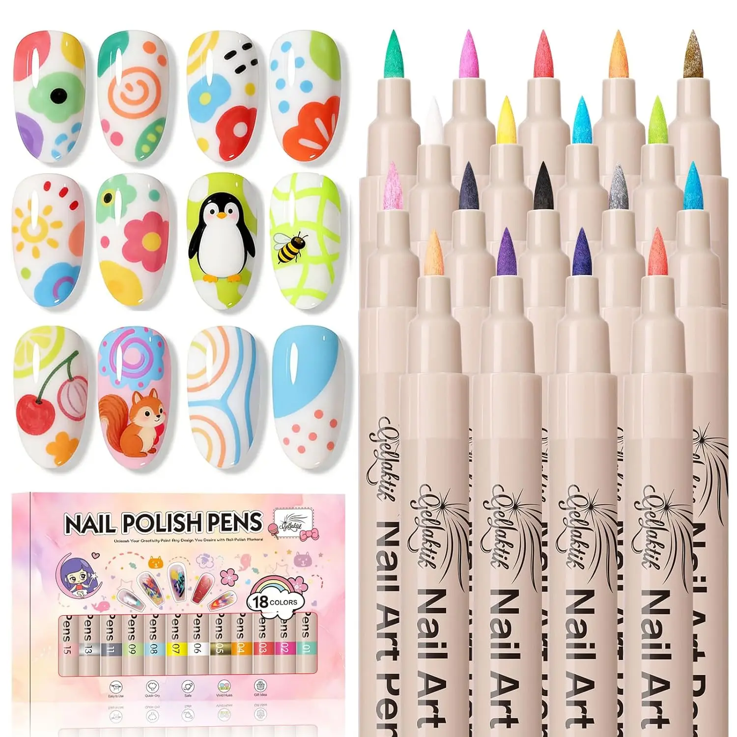 

18-Color Nail Art Pens Set, Quick-Dry Acrylic Paint Markers for DIY Designs with Fine Tip