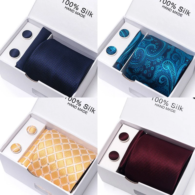 Gaya Klasik 65 Warna Penjualan Dasi Sutra Sapu Tangan Set Kancing Manset Pria Kotak Dasi Warna Solid Biru Langit Cocok untuk Pernikahan Kantor Cravat