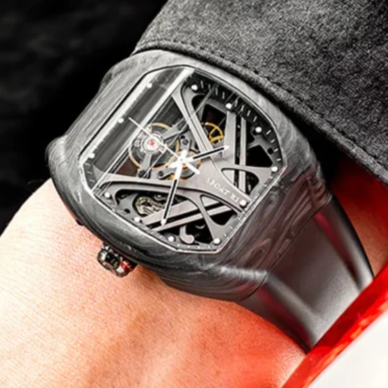 CRONUSART Men Automatic Watch Tonneau Mechanical Wristwatch Carbon Fiber Case Skeleton FKM Strap Folding Hidden Crown Handle