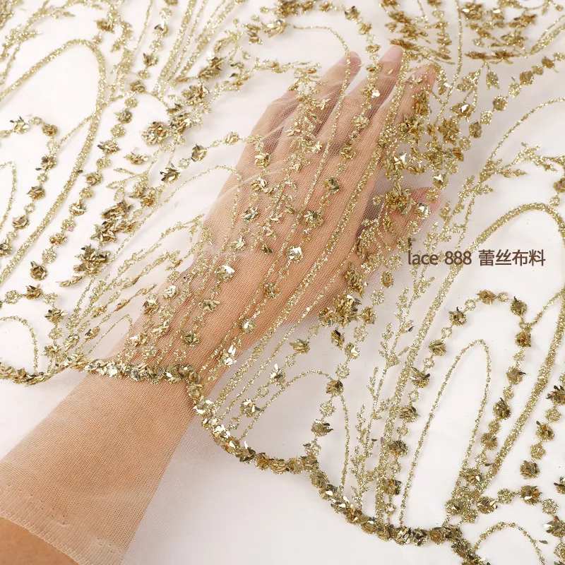 High-end new gold-sprinkled mesh fabric for dresses and stage skirts, 1.5 meters wide, available in green, red, and champagne
