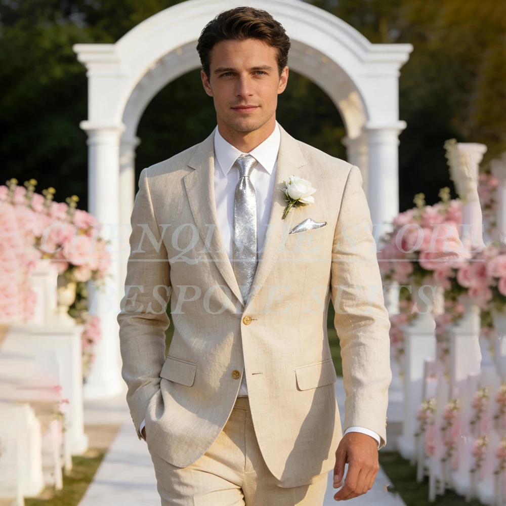 

Luxury Wedding Linen Men's Suits Elegant Groomsmen Beige Single Breasted Notch Lapel 2 Piece Jacket Pants Full Sets Outwear