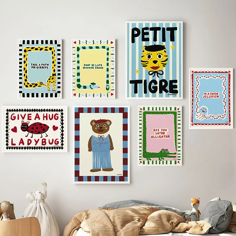 Funny Bear Tiger Snake Crocodile Ladybug Poster Wall Art Canvas Painting Cartoon Posters Prints Pictures Baby Kids Room Decor