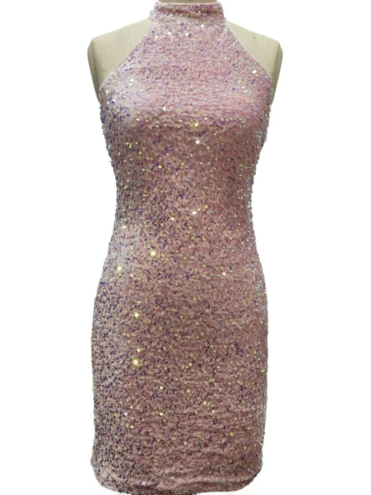 

Sexy Backless Sleeveless Sequined Halter Mini Party Dress