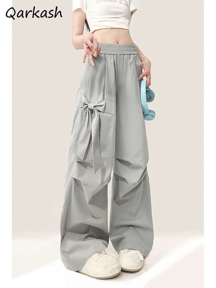 

Wide Leg Casual Pants Women Bow Loose Students Chic Summer Breathable Cozy Simple Daily All-match Students Elastic Waist Ulzzang