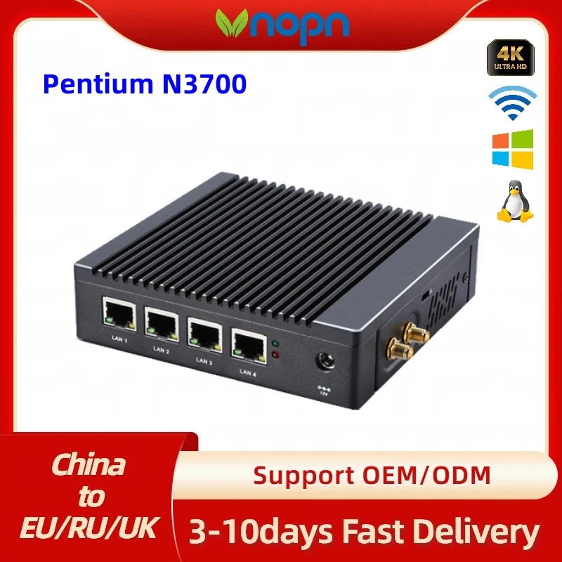 VNOPN Micro Firewall Appliance 2.5GbE Intel 4 Ports N3700 Quad Core Fanless Mini PC Network Router Box, Dual HDMI, RS232 COM