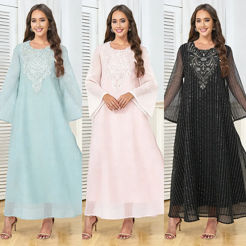 Mesh Sparkly O-neck Long Sleeve Luxury Elegant Loose Solid Abaya Dress for Women Middle East Muslim New Fashion Female Jalabiya