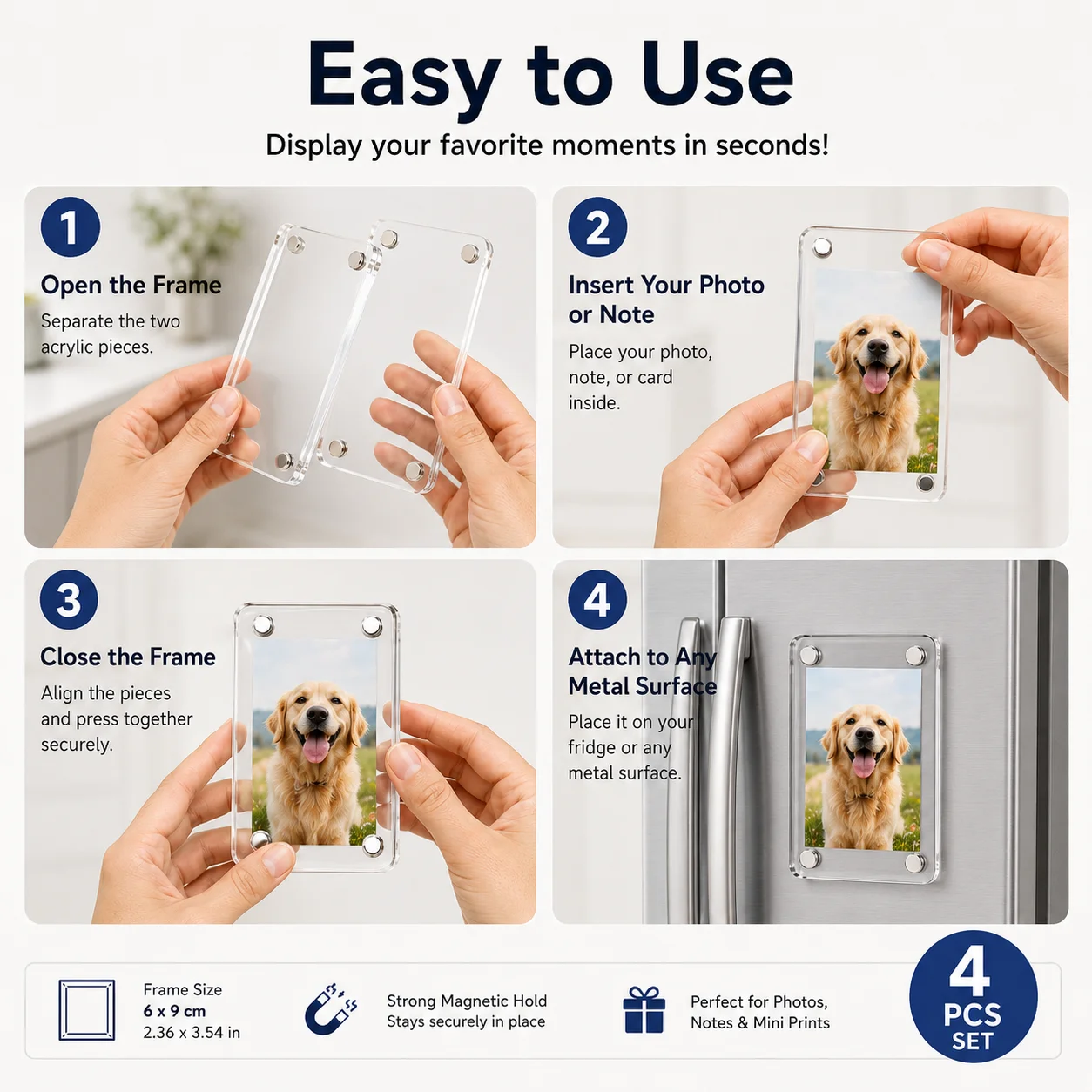 4 個の透明アクリル磁気フォトフレーム両面冷蔵庫写真ホルダー - Bamboo Photo Frame のレビューと価格