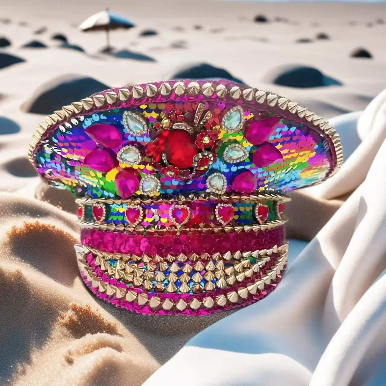 HongLuan Yellow Laser Leather Loop Captain Hat Rhinestone & Military Caps for Woman, Rave Festivals Accessories ＆ Party Cap Man