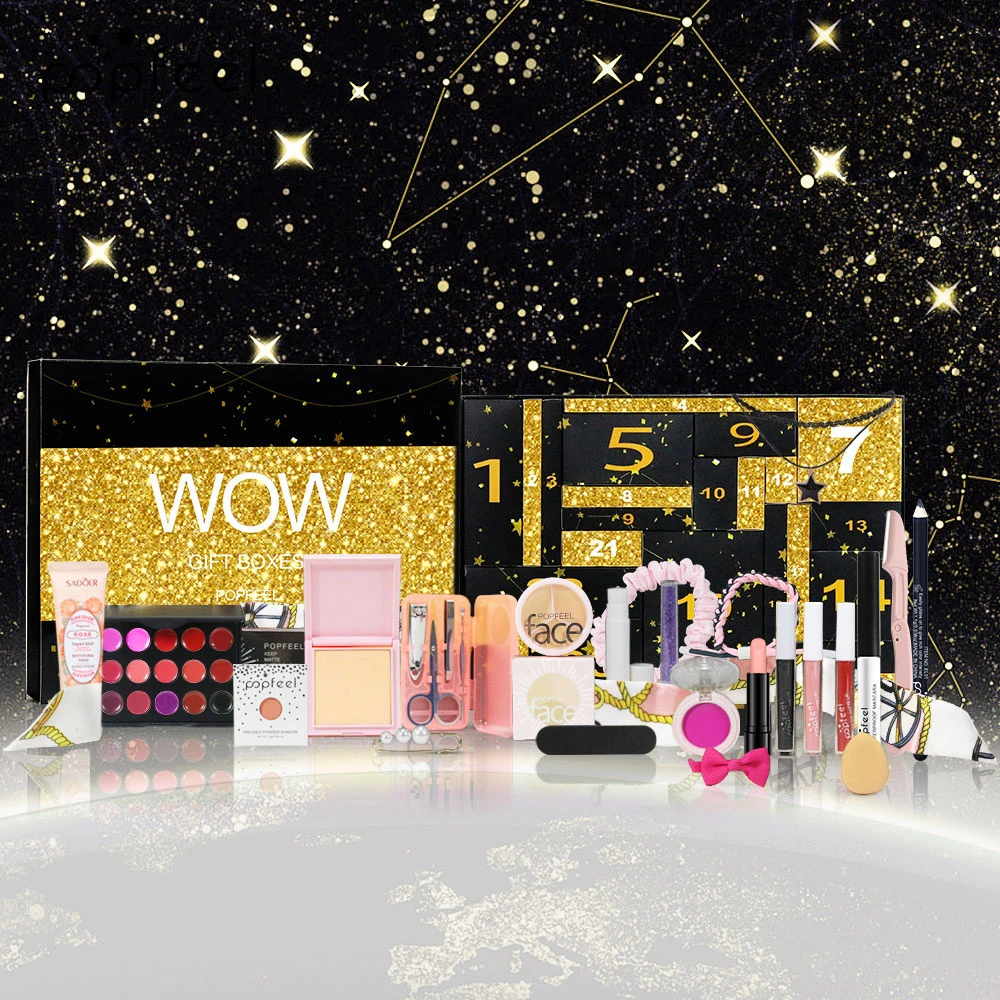 POPFEEL Deluxe Girls Makeup Gift Set - 24-Piece Countdown Surprise Box with Concealer, Lipstick, and Powder -For Holiday Gift