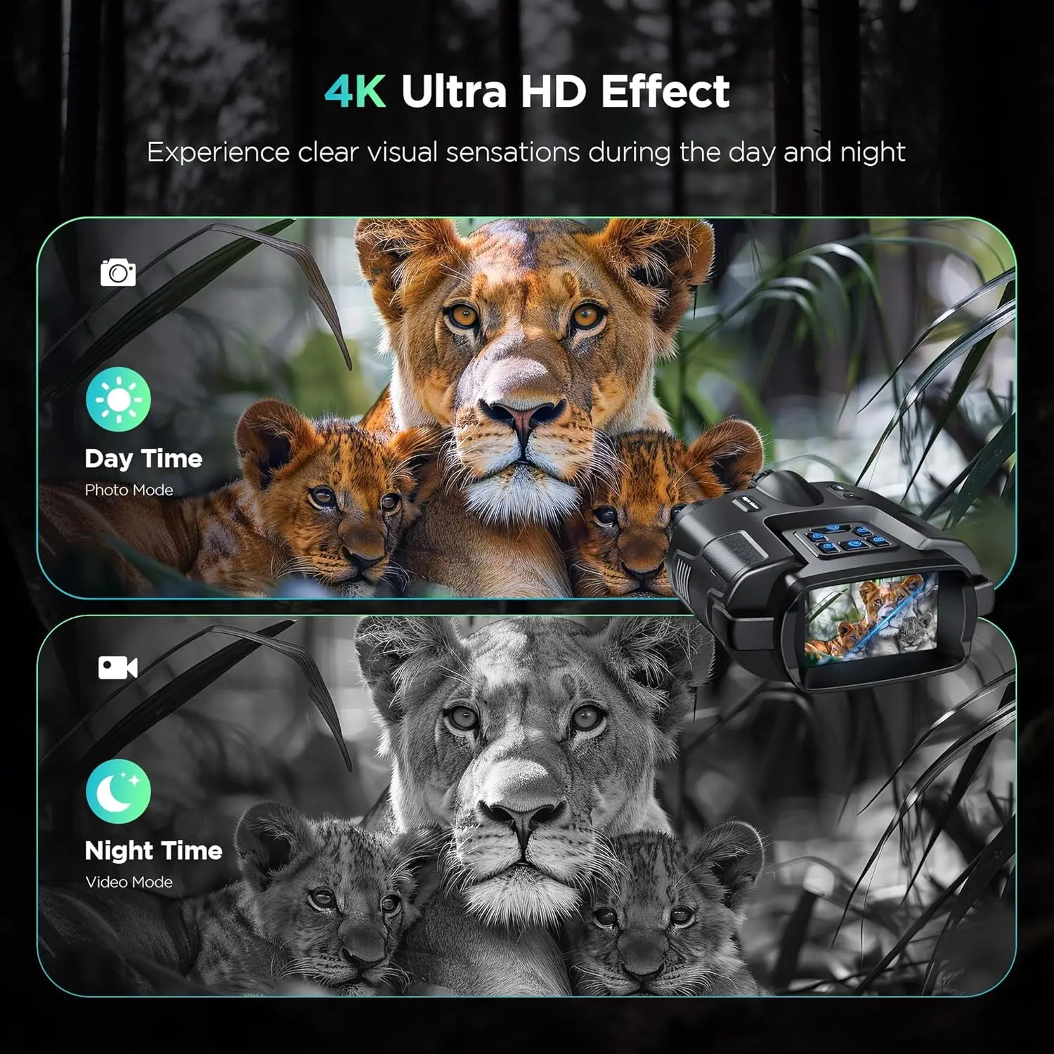 大人用4Kナイトビジョンゴーグル、2000FT赤外線ナイトビジョン双眼鏡、64GBカード付き、タクティカルライト、8Xデジタルズーム·ホット