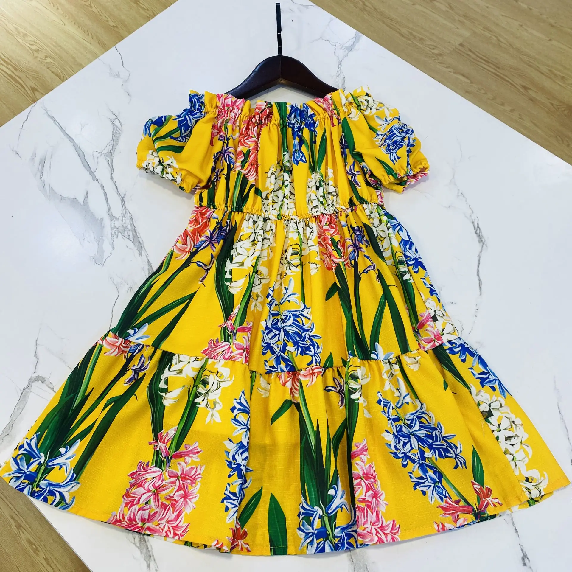 

2024 latest style girl clothes green flower dress big girl vacation dress cotton floral printing kids dress