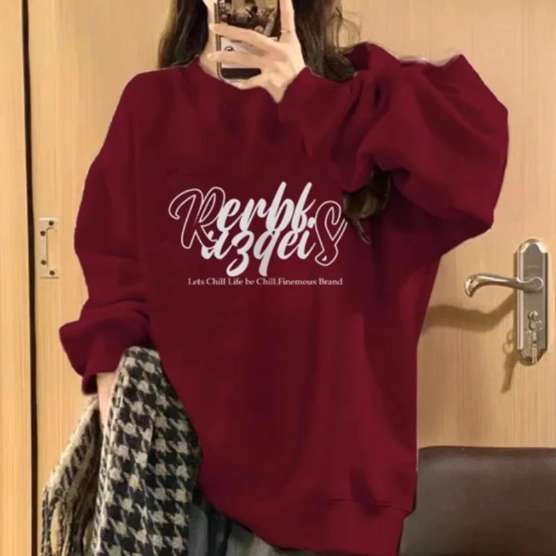 High Quality Wine Red Letter Printing Hoodies 2023 New Round Neck Loose Sweatshirts Women Pullovers Graphic Hoodies Women's Tops