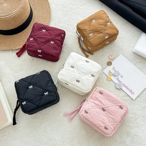 1pc Gift Bow Sanitary Napkin Organizer Bag Coquette Quilted Women's Mini Clutch Bag Cotton Keychain Earphone Coin Purse