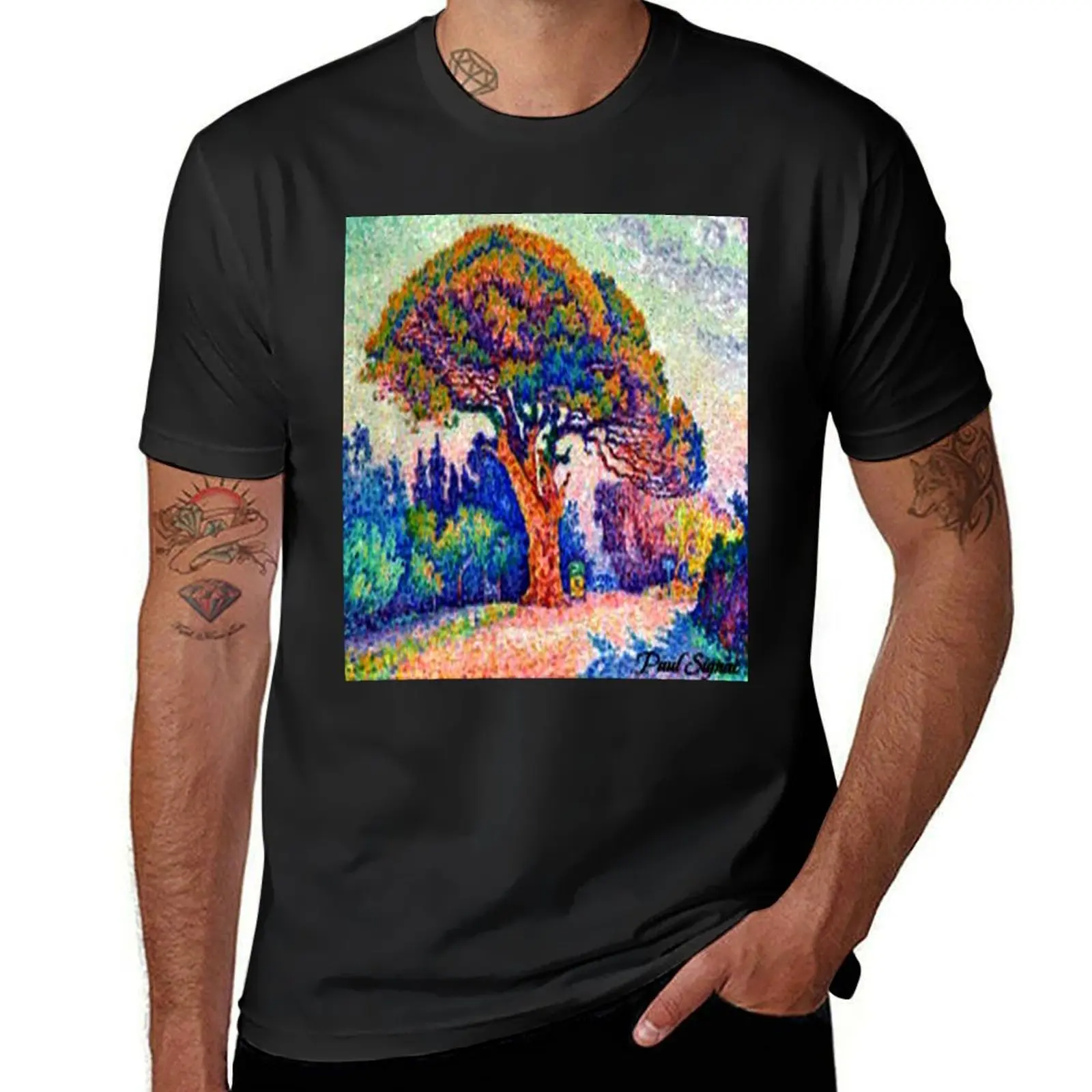 Pointillist Artist Paul Signac: The Pine Tree at Saint Tropez T-Shirt summer clothes plain vintage mens t shirts