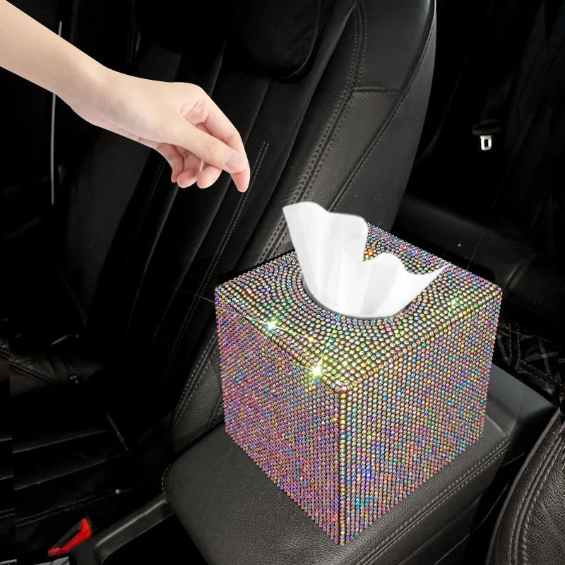 Full Diamond Shiny Square Tissue Box, Crystal Tissue Box, Exquisite Car Decoration Products, Car Interior Accessories