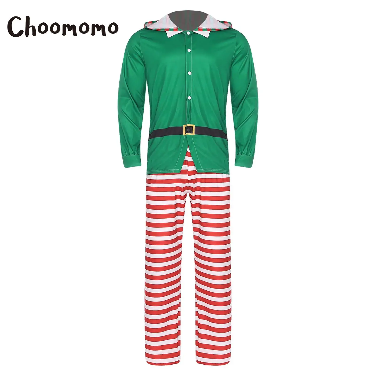 

Mens Christmas Elf Party Cosplay Costume Long Sleeve Hooded Top and Striped Pants Set for Xmas Holiday Family Gathering Event