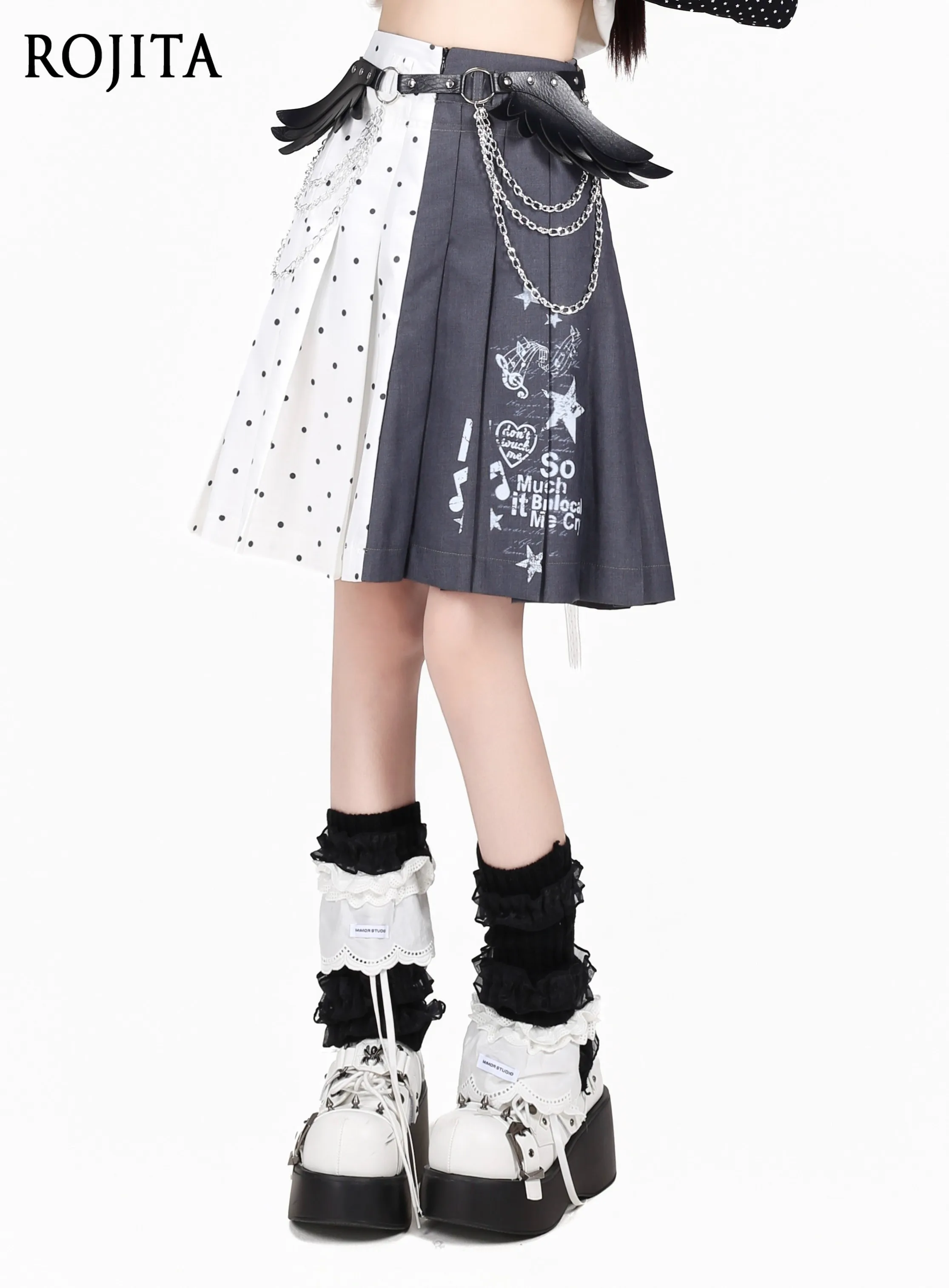 Three Ways To Wear Skirts College Style Pleated Skirts Music Notes Polka Dot Pattern High Waist Versatile Grey and White Skirts