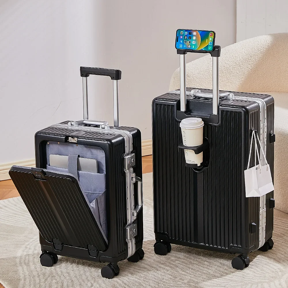 #20 Inch Front Opening Multi-Functional Aluminum Frame Carry-on Luggage with Password Lock