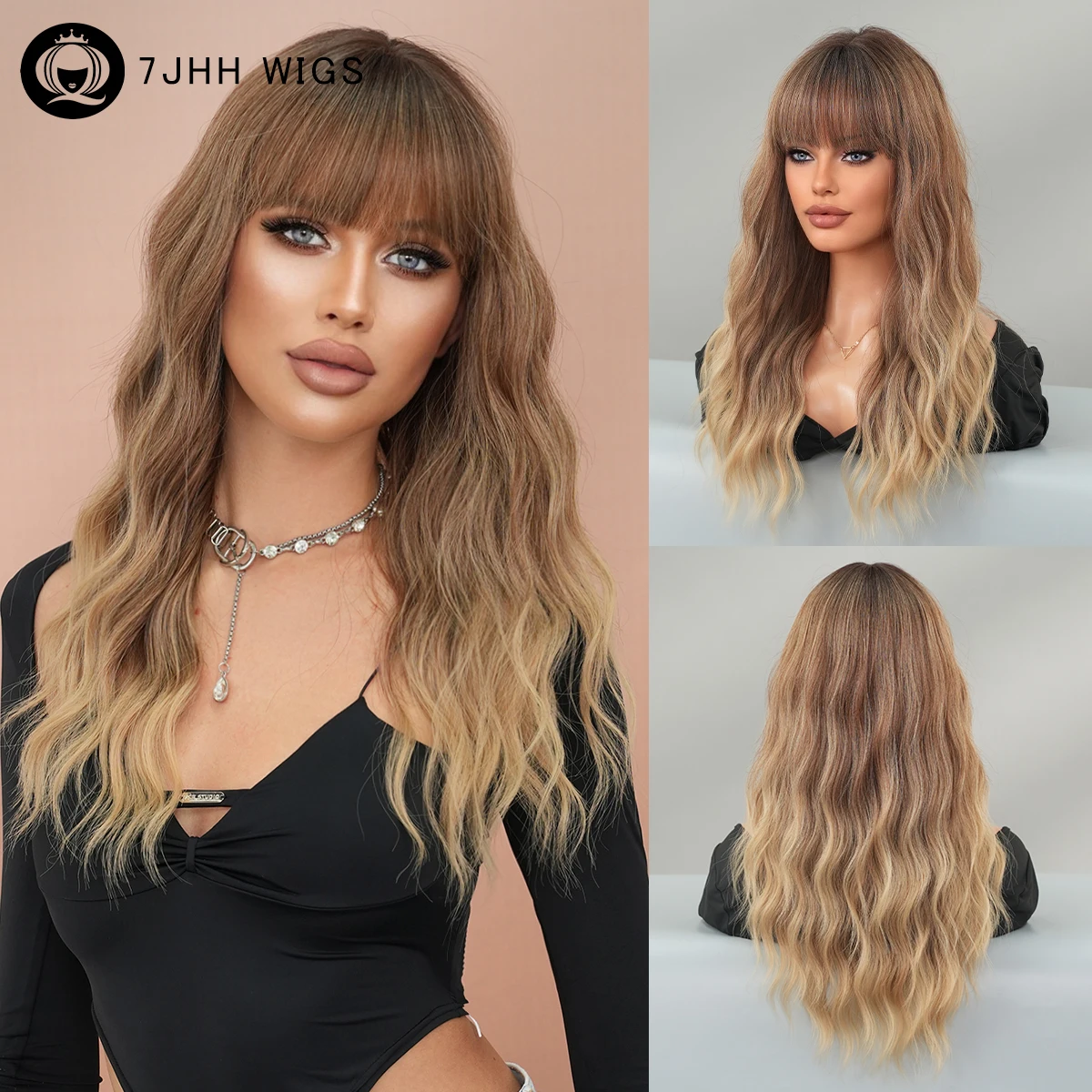 Shoulder Length Loose Body Wave Brown Ombre Blonde Wig with Neat Bagns for Women Daily High Density Synthetic Wig with Dark Root