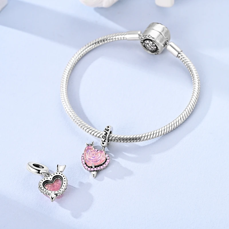 925 Sterling Silver Arrow Love Heart Charms Bead CZ Zircon Romantic Pink Rose Dangle Fit Original Bracelet DIY Women Jewelry